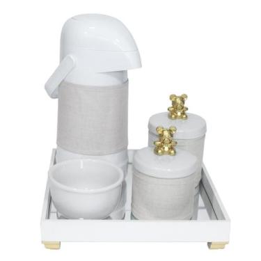 Imagem de Kit Higiene Espelho Potes, Garrafa, Molhadeira e Capa Ursinho Dourado 