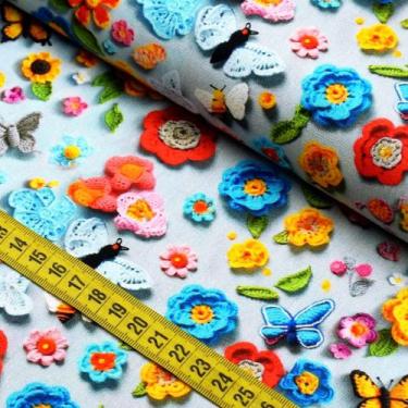 Imagem de Tecido Estampado Para Patchwork - Crochê Flowers : Floral Com Borbolet
