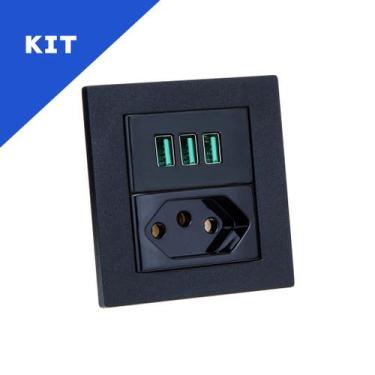 Imagem de Kit Espelhos Duplo Reto 1 Tomada 20A 3 USB 5.2A Preto - CONNECT CAIXA 