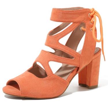 Imagem de fereshte Sandália feminina gladiadora com tiras com cadarço, vazada, salto alto grosso, Laranja, 36