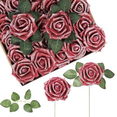 Imagem de Rzoukler Rosas com glitter, 50 peças, rosas bordô, flores de espuma de 8 cm, rosas artificiais com hastes para artesanato, buquês de casamento, decoração de casa para chá de bebê (bordô)