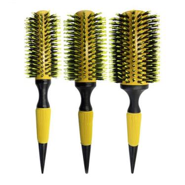 Imagem de 3 Escova de Cabelo Redonda Cerdas Duplas Madeira Profissional Grande -