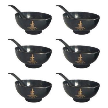 Imagem de Kit 6 Jogo Tigela Bowl Sopa Colher Gourmet Oriental Lengue Preto - Nih