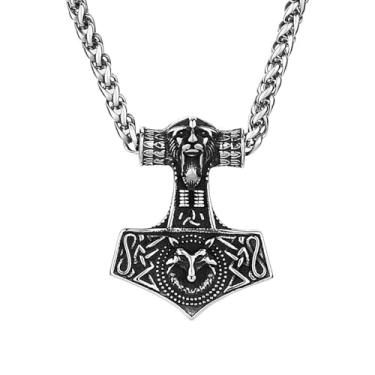 Imagem de LOBON Colar de martelo viking Thor Nordic Vegvisir Valknut pingente de aço inoxidável amuleto norueguês joia presente para homens e mulheres, Aço inoxidável, Sem Pedra Preciosa