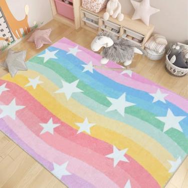 Imagem de Lacomfy Tapete infantil arco-íris estrelas tapete para meninos meninas quarto 10 x 1,8 m tapete colorido para sala de estar lavável rosa amarelo azul listrado tapete para sala de jogos tapete de