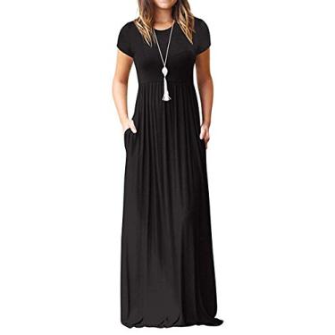 Imagem de MISFAY Vestidos maxi femininos de manga curta, soltos, simples, casuais, longos, bolsos, Preto, XGG