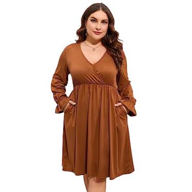 Imagem de ShopWonder Vestido plus size feminino, gola V, evasê, comprimento até o joelho, vestido rodado, plus size, minivestido de festa, Marrom, 5G