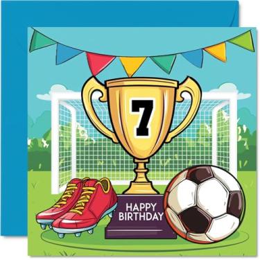 Imagem de Stuff4 Cartão de aniversário para meninos de 7 anos - Troféu de vencedores dos campeões - Cartão de aniversário de futebol para meninos de 7 anos, cartões de saudação com pés de 14 cm