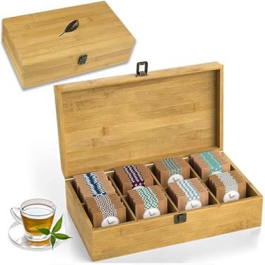 Imagem de Caixa organizadora de chá de bambu, sem produtos químicos, ecológica, grande, alta, ajustável, baú de armazenamento de madeira natural (8 compartimentos 36,3 x 20,6 x 10,7 cm com design de folha de