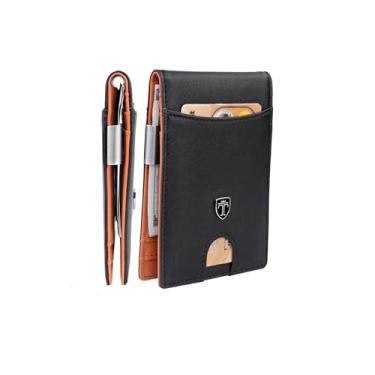 Imagem de TRAVANDO Carteira com clipe de dinheiro RIO – Carteira masculina fina com bolso frontal com bloqueio de RFID, mini caixa de presente dobrável minimalista, Preto e laranja, Small, Minimalista