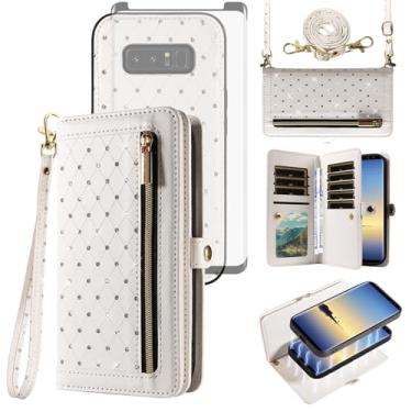 Imagem de Asuwish Capa de celular para Samsung Galaxy Note 8 com zíper carteira destacável com protetor de tela de vidro temperado, alça transversal, suporte para cartão de crédito Note8 Not S8 Gaxaly feminino