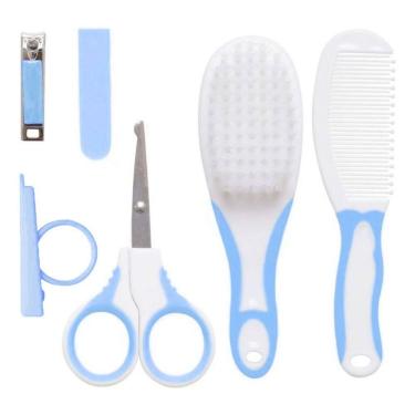 Imagem de Kit Higiene Cuidados Saúde Bebê Escova Tesoura Pente 6 Pçs Azul