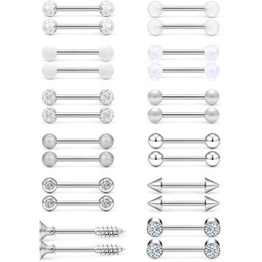 Imagem de Cisyozi 12 pares de piercings para mamilo elegante CZ Pedra para mamilo Piercing de barra de aço inoxidável 316L 14 g Lingueta de mamilo Bola de piercing corporal Joia brilhante e bonita