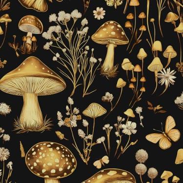 Imagem de VOLEAAR Papel de parede vintage para descascar e colar de cogumelos preto e dourado papel de parede boho adesivo no armário de bancada do banheiro autoadesivo 17,5 x 299,7 cm