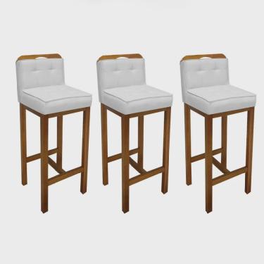Imagem de Kit 03 Banqueta Alta Com Encosto Agnes Cozinha Balcão Bistrô Base Madeira Rústico Corino Branco - Ahz Móveis