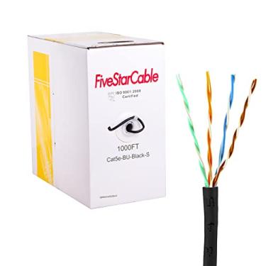 Imagem de FiveStarCable Cabo Cat5e externo preto 24AWG 1000 pés, enterramento direto, 350 MHz, classificação UV, não blindado, UTP Ethernet Router LAN Network CCA cabo caixa fácil de puxar