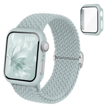 Imagem de Pulseira elástica trançada compatível com relógio Apple e capa de 40 mm, 41 mm, 42 mm, 44 mm, 45 mm, 46 mm, pulseira elástica de nylon e capa protetora com protetor de tela para Apple Watch séries 11