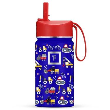 Imagem de IRON °FLASK Garrafa de água infantil - tampa de palha, 20 adesivos de nome, aço inoxidável isolado a vácuo, copo de viagem de parede dupla, caneca térmica - zona de construção, 400 ml