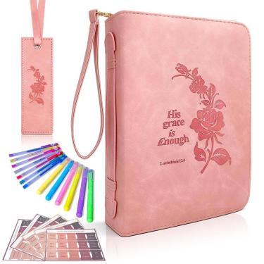 Imagem de Capa de Bíblia ZQYJJ em couro PU impermeável para Bíblias de 17,4 polegadas rosa