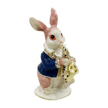 Imagem de FJ FENGZHIJIE Caixa de joias de coelho pintada à mão com dobradiça dourada com estatueta de coelho saxofone, lembrança de coelho fofo, decoração de casa e presente exclusivo para mulheres, amantes de
