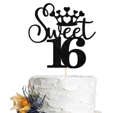Imagem de Topo de bolo Sweet 16, tema de coroa - festa de aniversário de 16 anos, princesa menina 16/aniversário aniversário decoração de festa de casamento suprimentos - preto (2)
