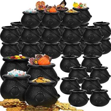 Imagem de Libima 36 peças de caldeirão preto assustador de doces de Halloween incluem 32 peças mini caldeirão de plástico e 4 caldeirão grande balde de duende para decoração de doces ou travessuras de Halloween lembrancinhas de festa de aniversário