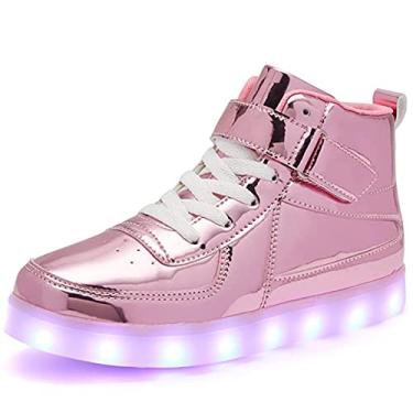 Imagem de Sufuinu Tênis infantil com luz LED carregamento USB cano alto piscando novidade sapato infantil luminoso para aniversário, festa, presente de desempenho, Rosa espelhado, 8.5 Toddler