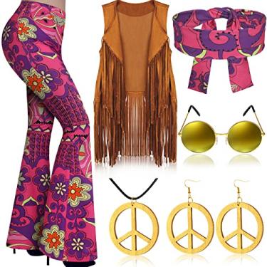 Imagem de Haull Conjunto de 7 peças de roupas femininas hippie discoteca dos anos 60, 70, conjunto de fantasia de Halloween, calça rodada, colete com franja, sinal de paz, Multicor, X-Large