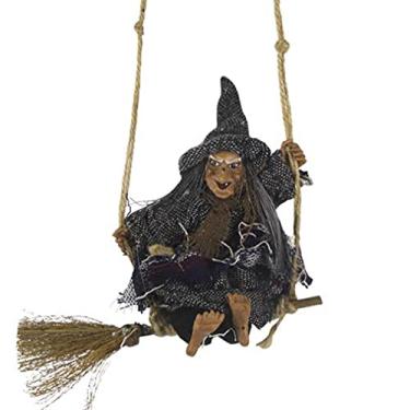 Imagem de Iywish Halloween Bruxa voando bruxa vassoura feiticeiro assustador pendurado fantasma caveira esqueleto decoração brinquedos ornamentos decoração de Halloween casa assombrada adereços de festa animada bruxa jardim ao ar livre figura