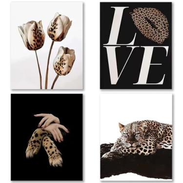 Imagem de Kousne Conjunto de pôsteres com estampa de rosas de leopardo preto e dourado 4 peças na moda para decoração de parede para quarto, sala de estar, escritório, salão de beleza, sem moldura, 30,5 x 40,6