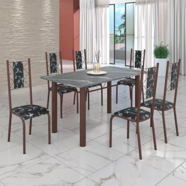 Imagem de Conjunto Sala De Jantar Mesa Tubo 3" 140x75cm Tampo Pedra Granito C-6 Cadeiras Preto Floral - Marrom