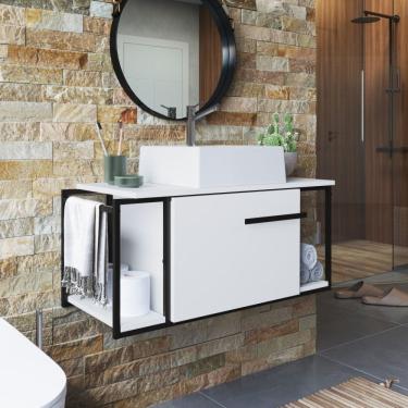 Imagem de Gabinete Suspenso Para Banheiro 80cm P1019 Branco Com Cuba Ametista Preto-branco