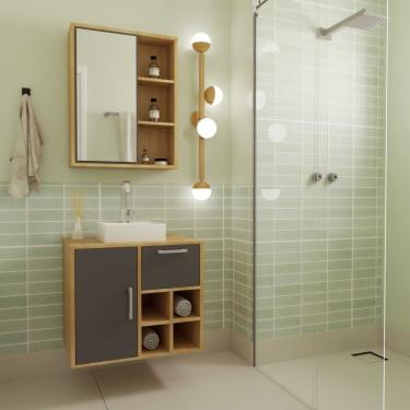 Imagem de Gabinete De Banheiro Suspenso 68cm Com Balcão 1 Porta 1 Gaveta E Espelheira Sem Cuba Mel-grafite