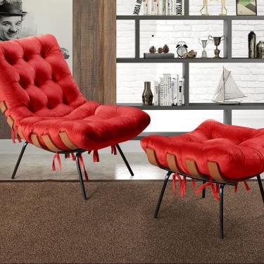 Imagem de Poltrona Costela Com Puff Base Fixa Para Sala, Quarto Vermelho