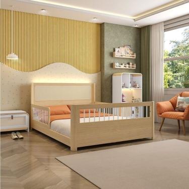 Imagem de Cama Casal Wave Montessoriana Led Com Rattan, Grade De Proteção E Peseira Palitos Casatema Branco-natural