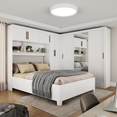 Imagem de Guarda-roupa Casal Modulado 5 Portas Com Cama Santiago 3 Portas Plus 5 Gavetas Com Espelho Branco