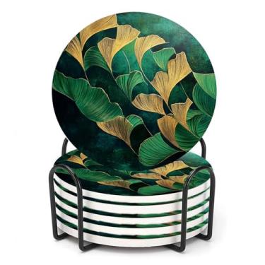 Imagem de ubcindy Conjunto de 6 porta-copos de folhas abstratas verde-esmeralda e dourado para bebidas, porta-copos de cerâmica absorvente redondo com suporte de metal e base de cortiça para mesa de café