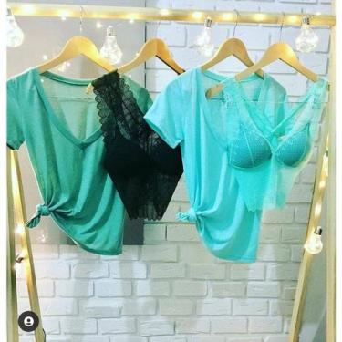 Imagem de Blusa manga curta decote v sem bojo malha podrinha feminina - Filó Mod