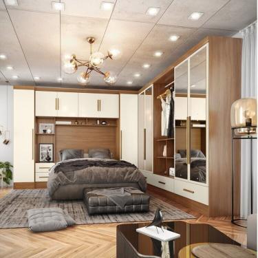 Imagem de Quarto Modulado Casal Completo 6 Peças 6 Portas 5 Gavetas Com Maleiro E Espelhos Smart Plus Cinamomo-offwhite