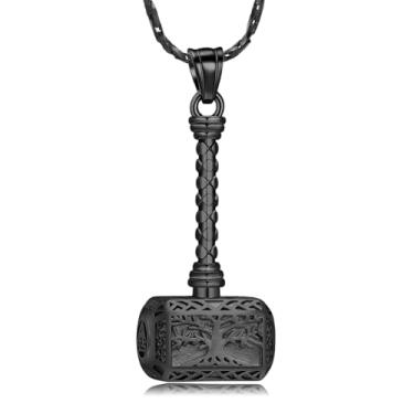 Imagem de Imrsanl Colar de urna de martelo de Thor Viking para cinzas, árvore da vida, joia de cremação, suporte de cinzas, pingente de memorial humano para mulheres e homens, Aço inoxidável, Sem Pedra Preciosa