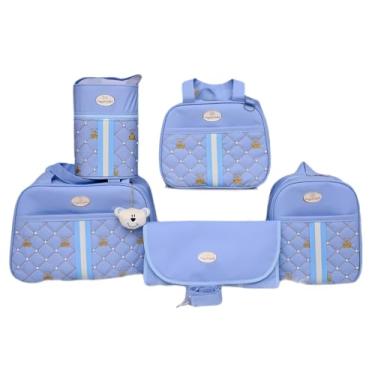 Imagem de Kit Bolsa Maternidade, Mochila com Chaveiro de Ursinho, Bolsa Térmica, Trocador Impermeável, 5 Peças (Azul Celeste)