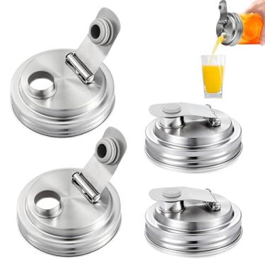 Imagem de Pacote com 4 tampas de bico de vidro de boca larga de aço inoxidável, tampas de tampa flip, vedação hermética e à prova de vazamento, tampas de conserva para pote de vidro de boca larga (tampa