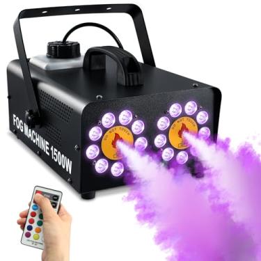 Imagem de TCFUNDY Máquina de neblina de 1500 W com efeito de 18 luzes LED, máquina de fumaça de spray duplo, 10 efeitos de luz com controle remoto, para festa de DJ de casamento de Halloween