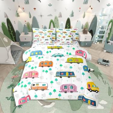 Imagem de Erosebridal Jogo de cama casal com desenho animado de trailer, Happy Camping para crianças, adolescentes, rabiscos de árvores (edredom + lençol de cima + 2 fronhas + 2 fronhas), conjunto de cama com 7
