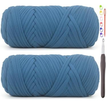 Imagem de Pacote com 2 fios de camiseta para crochê, camiseta azul, tecido elástico grosso, fio de crochê para iniciantes, bolsa de tricô à mão, cesta/porta-copos / artesanato faça você mesmo/decoração de casa