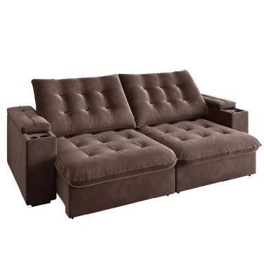 Imagem de Sofá Retrátil e Reclinável 3 Lugares 2,30m com Porta Copos Veludo New Coliseu Selmer Marrom