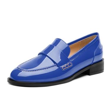 Imagem de NUMALEO Mocassins femininos Penny Loafers & Slip-ons Fechados Bico Redondo Sapatos de Salto Baixo 2,5 cm Patente Moda Sapatos Casuais Confortável Trabalho Escritório Sapatos Elegantes, Azul royal, 36