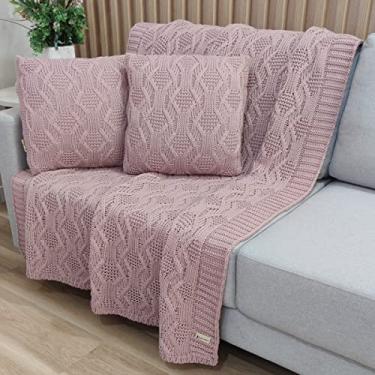 Imagem de Kit Manta Tricot Luxo 150x120cm + 2 Almofadas com Enchimento | Zíper Invisível | Fibra Siliconada | Sofá Sala | Xale Decorativo Elegante G05 (Rosa Ballet)