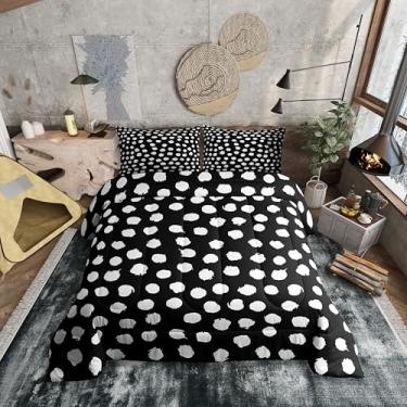 Imagem de Erosebridal Conjunto de cama geométrico com bolinhas, tamanho casal, boêmio, para adolescentes e adultos, retrô, rústico, escova, branco e preto, edredom para todas as estações