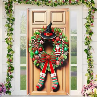 Imagem de BlissYard Capa de porta de Natal, guirlanda de Papai Noel, decoração festiva de fim de ano, faixa de porta de 89 x 188 cm, suporte de cabine de fotos, decoração de festa interna e externa, tecido de